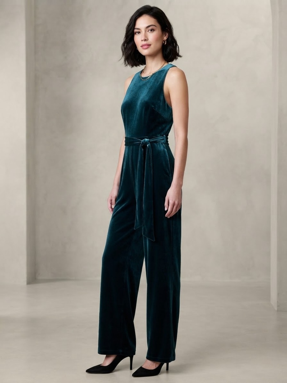 Banana Republic Teal Velvet Sleeveless Jumpsuit with Tie Waist